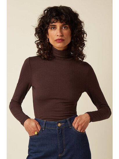 King Louie Longsleeve Rollneck Top Uni Rib Chocolate | Rollkra